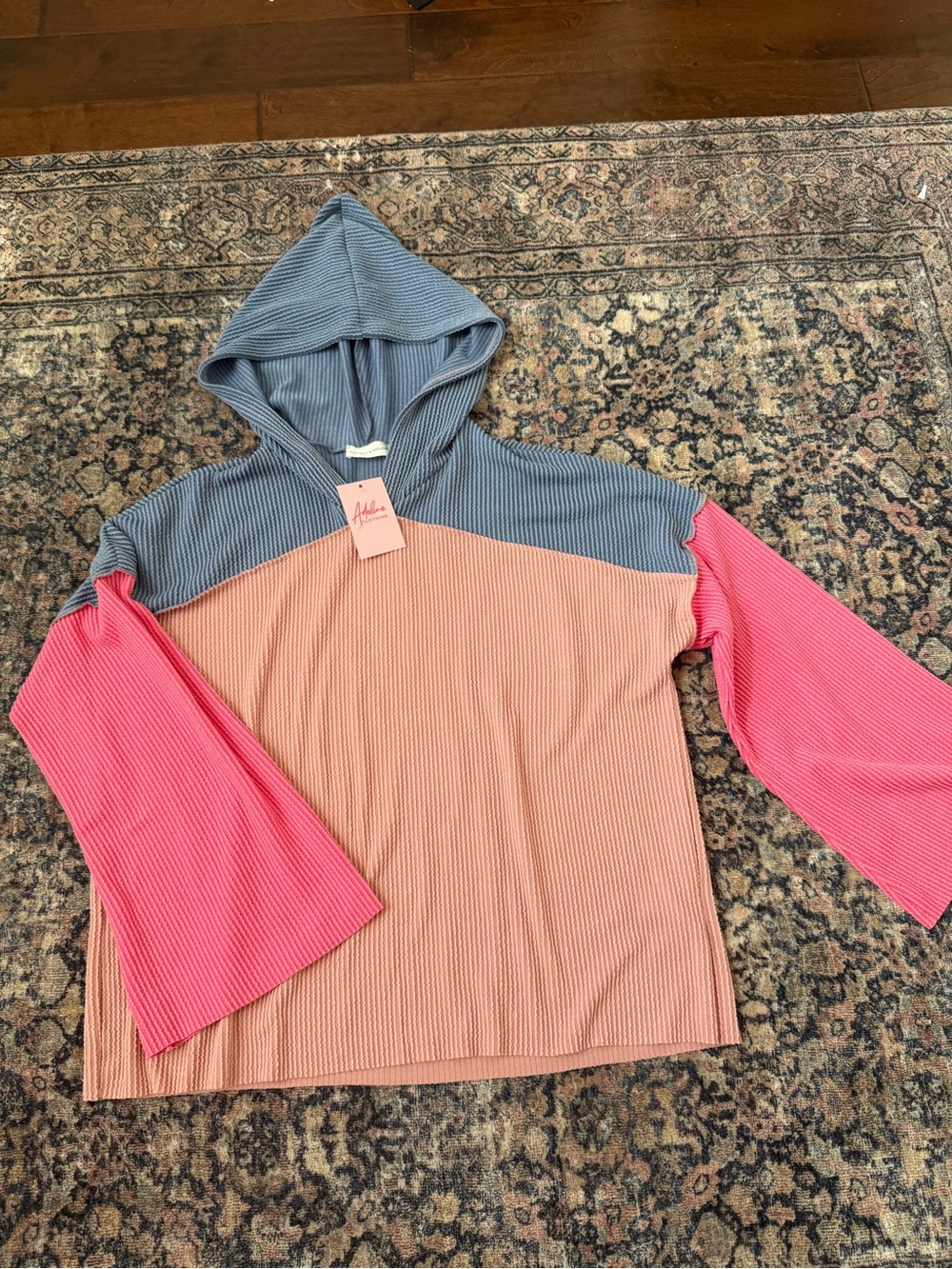 Boutique Colorblock Hooded Top - Blue, Peach & Pink